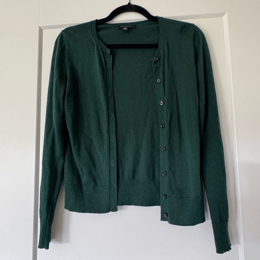 Ann Taylor Forest Green Classic Crew Neck Cardigan Sweater Cotton Blend Size XS